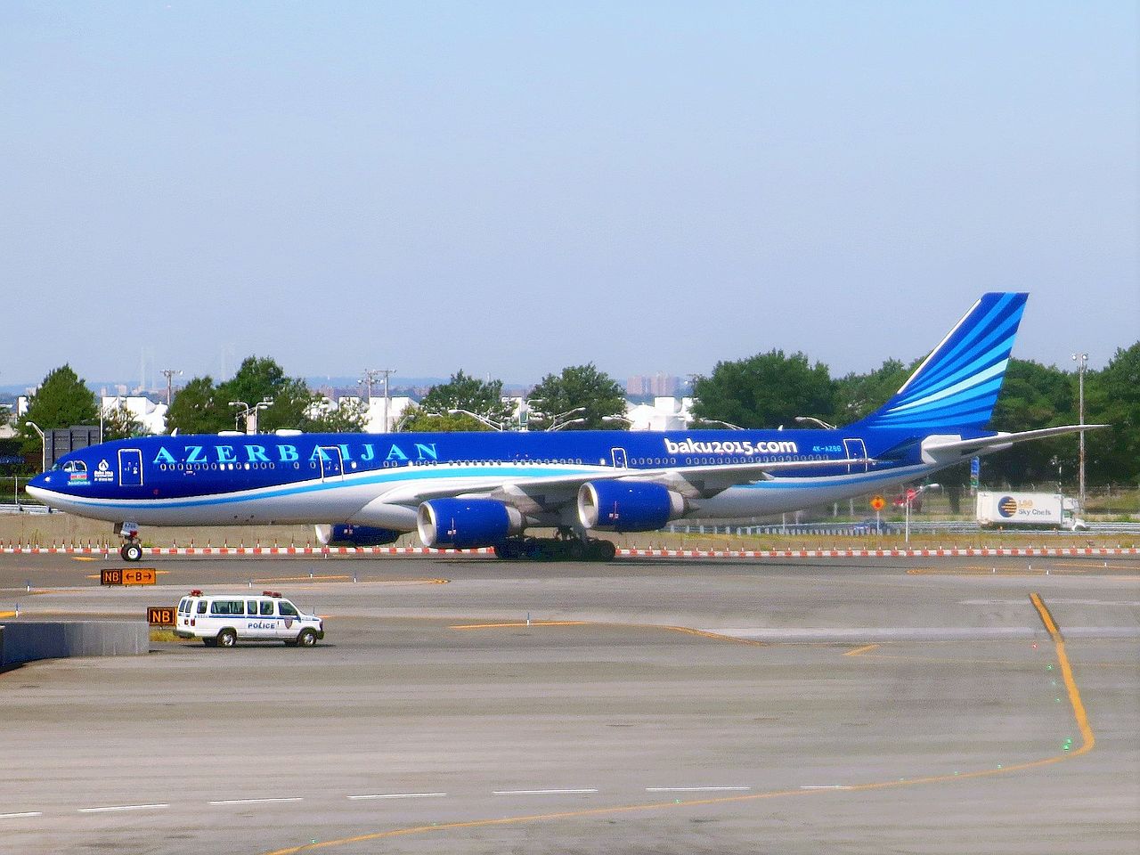 AZAL Azerbaijan Airlines Airbus A340-542 4K-AZ86 (Baku2015) at JFK Airport.