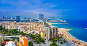 Aerial view of Port Olimpic beach in Barcelona