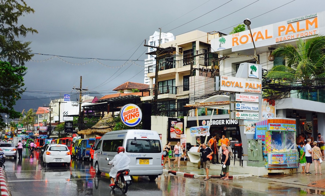 Beach front road in Patong, the main tourist resort in Phuket.