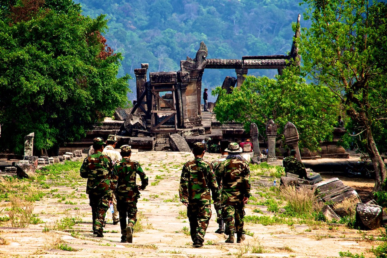 Cambodian soldiers pass through Prasat Preah Vihear.