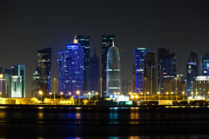 Night view of Doha Skyline in Qatar.