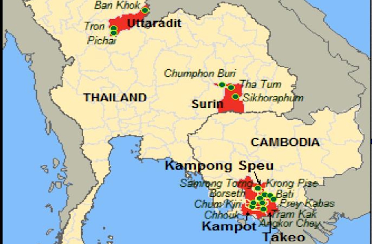 Geographical map showing the action research site, 9 districts and 3 provinces in Cambodia and 6 districts and 2 provinces in Thailand.