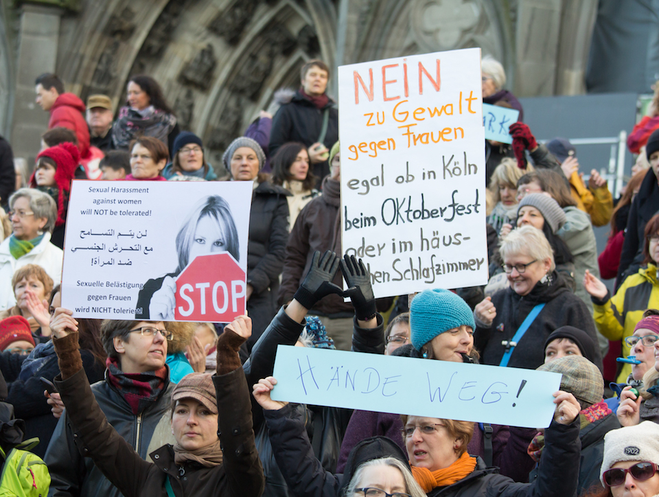 Protest against sexual assaults and violence against women by refugees in Cologne