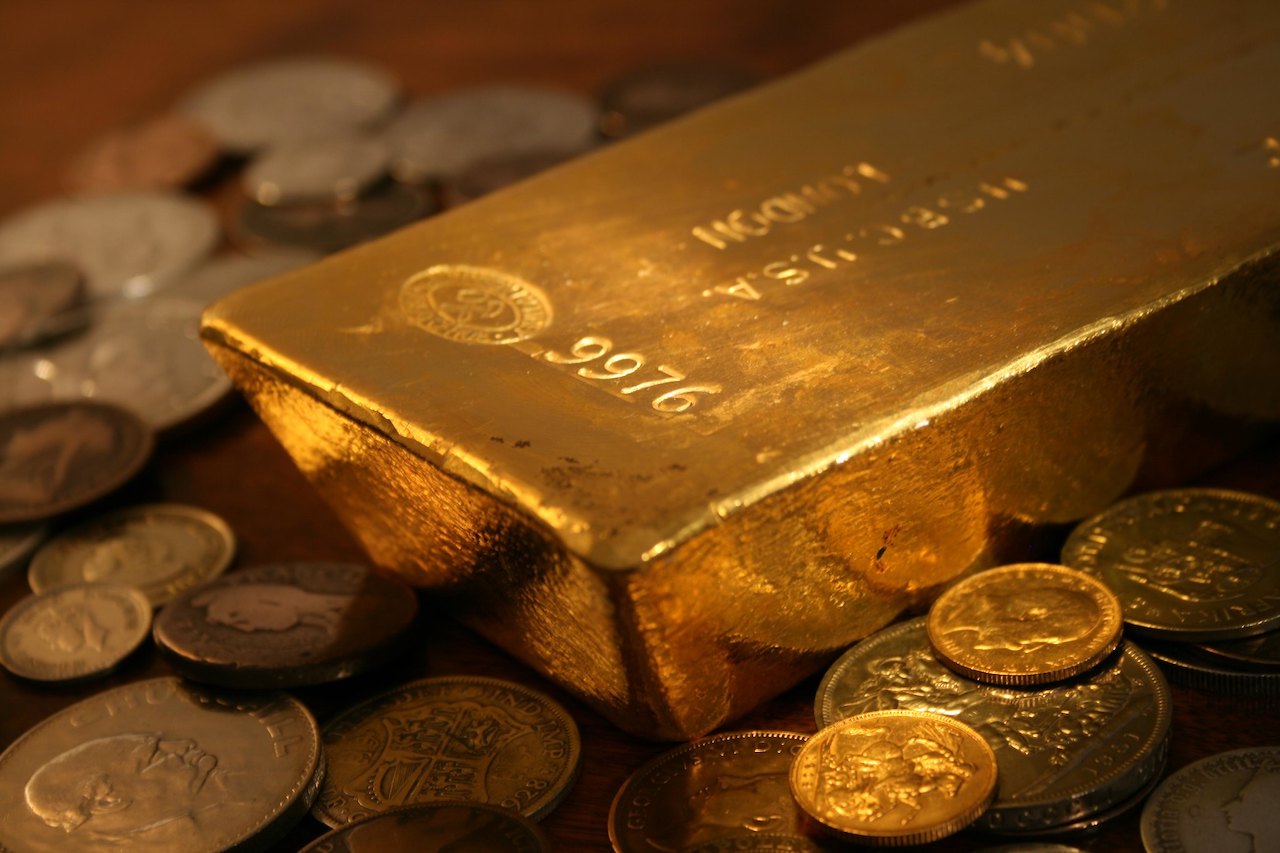 Gold bar and coins.