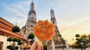 Thai ice cream in the shape of a temple tile, displayed in Wat Arun.