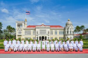 Thai Prime Minister Paetongtarn Shinawatra and her cabinet in front of the government building in Bangkok.