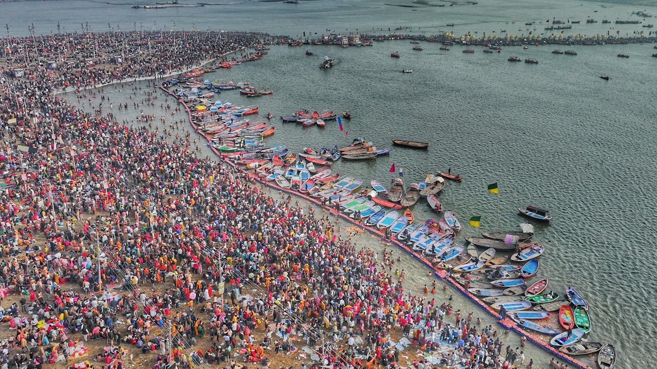 Arial View of Kumbh Mela at Triveni Sangam, India.