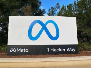 Entrance sign at Meta's headquarters complex in Menlo Park, California.