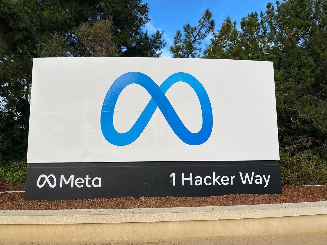 Entrance sign at Meta's headquarters complex in Menlo Park, California.