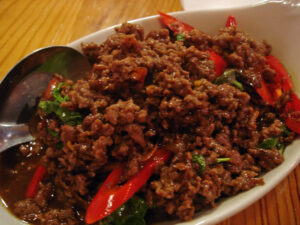 Pad Krapow stir fried beef with chilies and Thai basil.