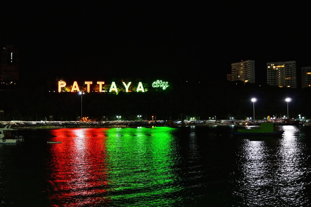 Pattaya city sign at Bali Hai pier at night.