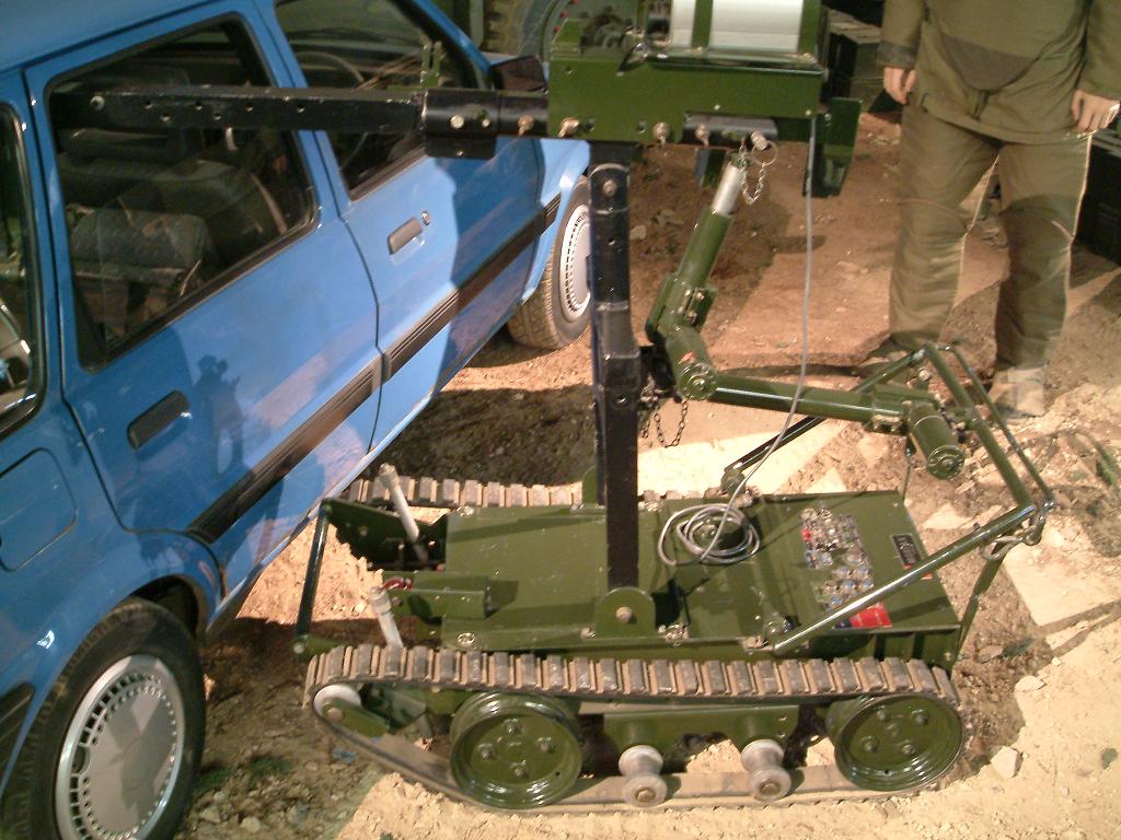 A remotely controlled bomb disposal robot