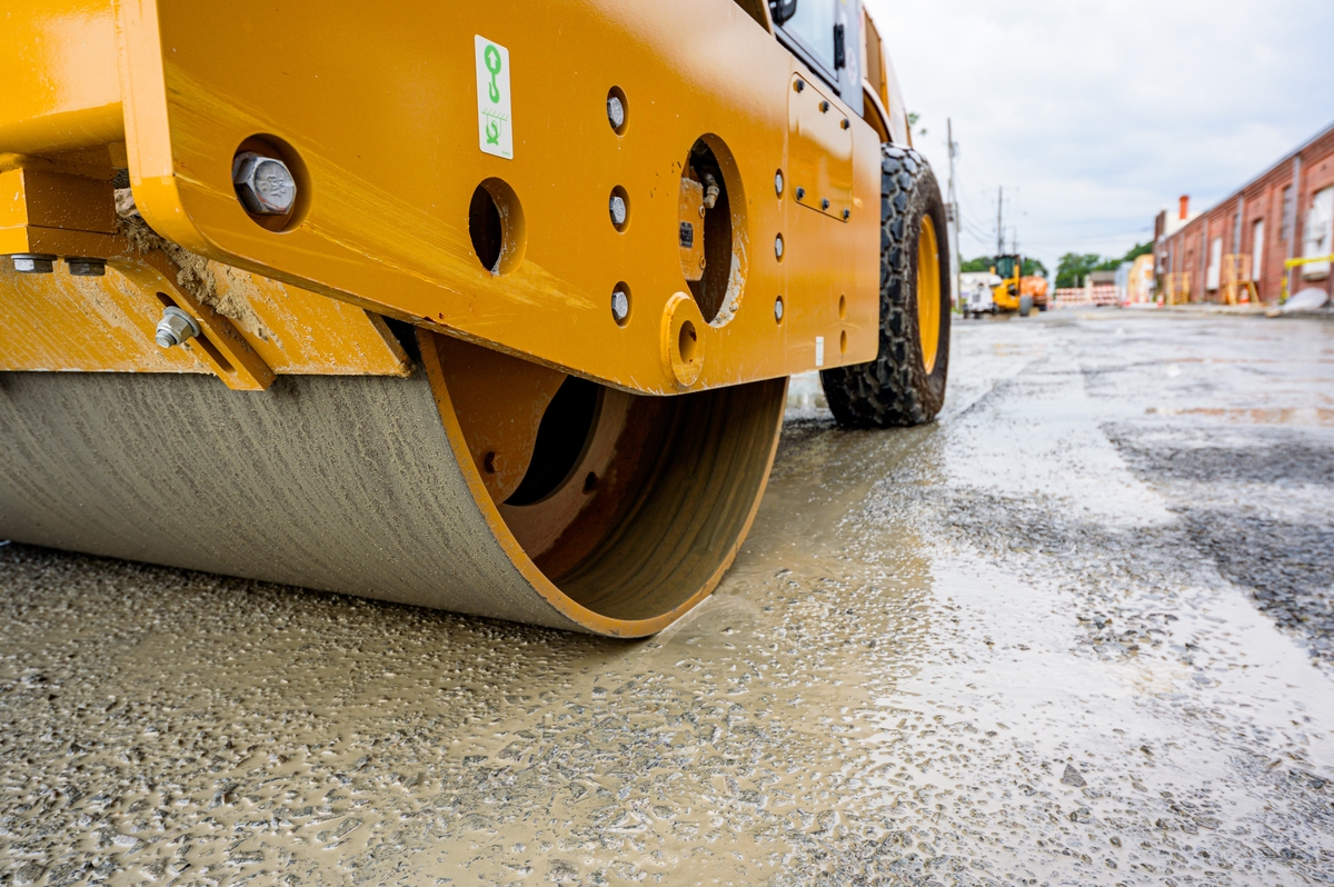 A road roller during road construction work.