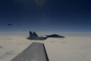 Russian Air Force Su-27 Sukhois aircraft intercept a simulated hijacked aircraft