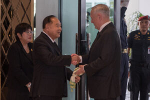 US Defense Secretary Jim Mattis shakes hands with Thailand's Defense Minister Prawit Wongsuwan in Bangkok