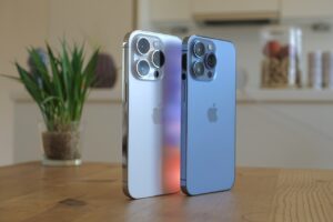 Two Apple iPhone 14 Pro smartphones