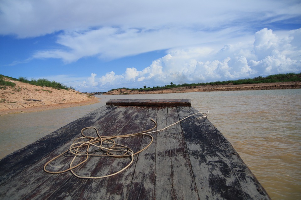 Wooden raft on a river in Cambodia