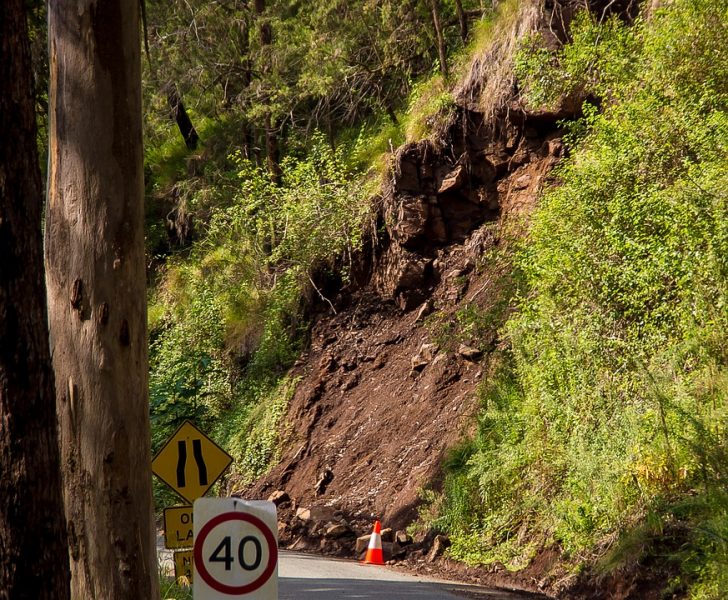 Mountain run-off on a road caused by floods